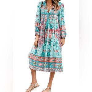 Floral Bohemian Dress with Tie Neck